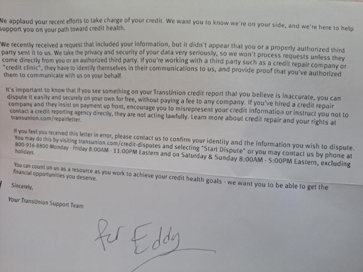 Transunion Inquiry Letter