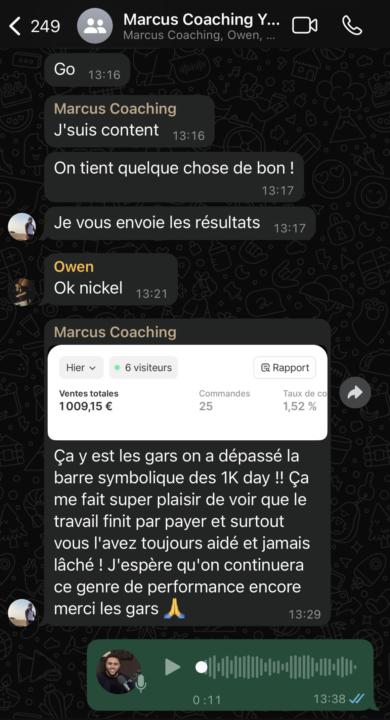 Mon élève Marcus vient de générer 1 000€ en 1 jour grâce à mon accompagnement. Voici comment il a fait ⬇️ 