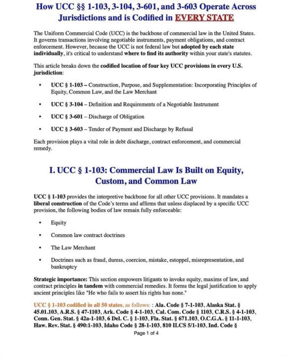 How UCC $$ 1-103, 3-104, 3-601, and 3-603 Operate Across Jurisdictions and is Codified in EVERY STATE