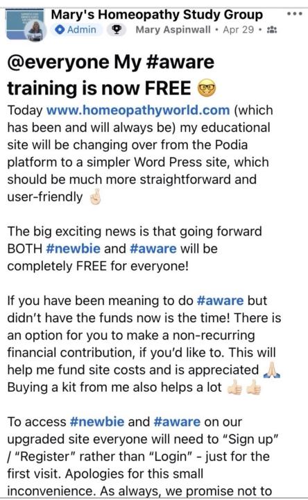 Mary Aspinwall is offering her Aware course for free now.