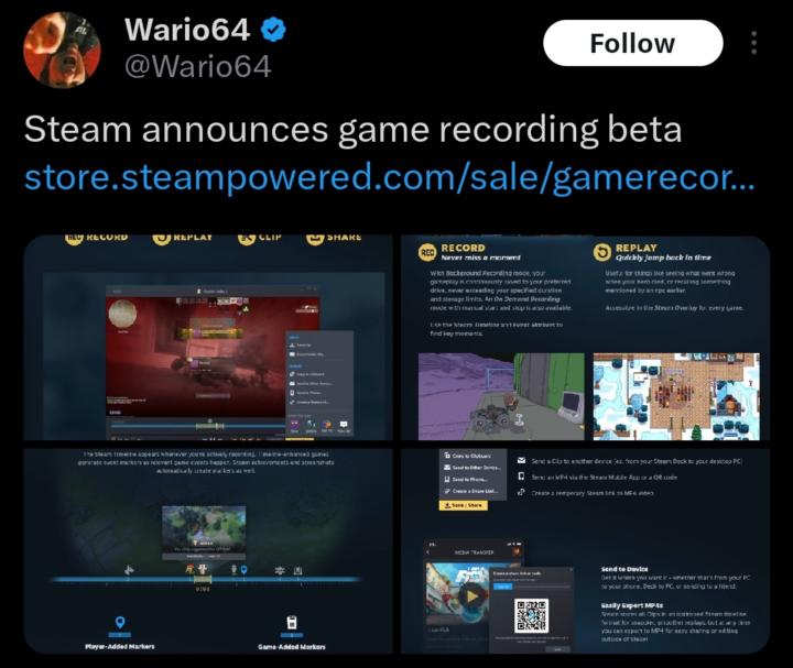 Easier to ask playtesters for gameplay footage now with Steam built-in Recorder