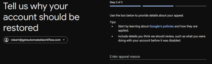Gmail account is disabled  - What should I give as appeal reason? 