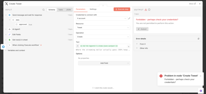 Issues executing X(formerly twitter) node